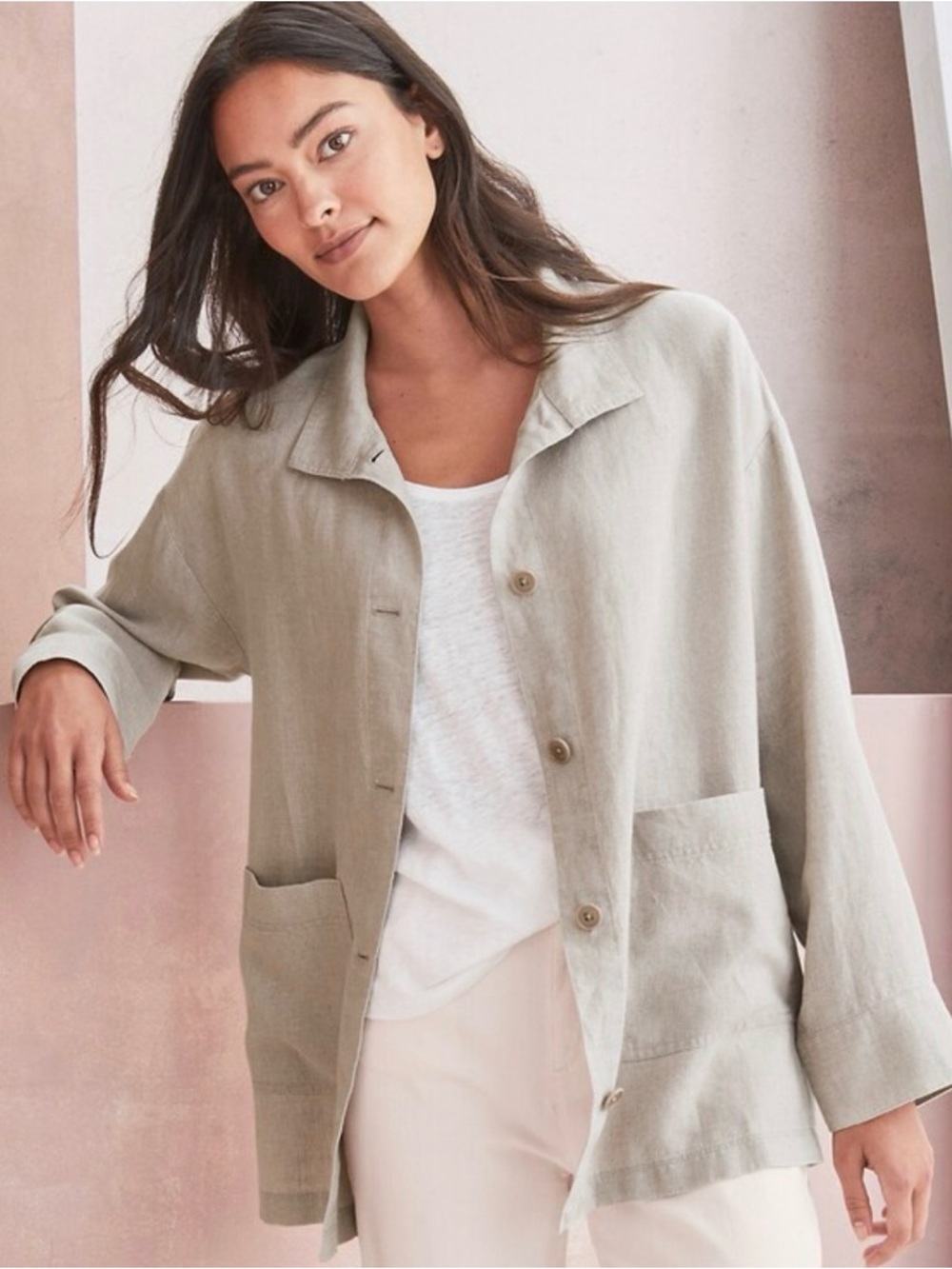 Eileen Fisher S Organic Cotton Hemp Stand Collar Long Jacket Khaki Wheat Women